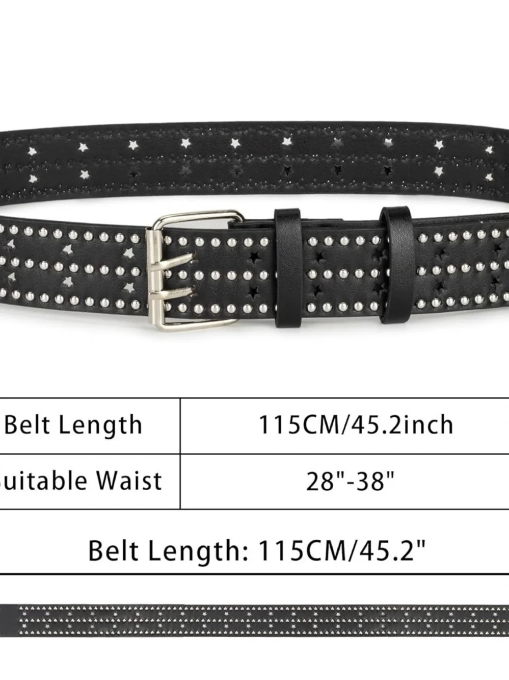 Black Studded Star Cutout Belt PU Leather Silver Rivets Punk Rock Y2K Unisex 45”